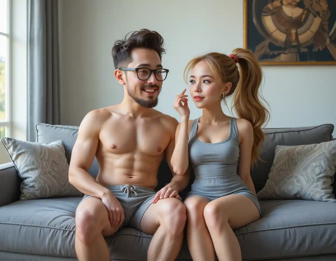 Young couple relaxing playfully on a gray sofa at home