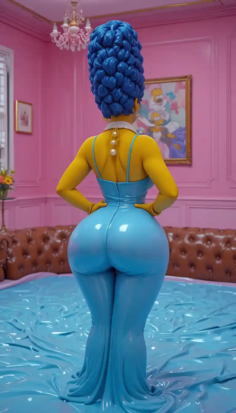 Curvy woman in blue latex lingerie in pink latex room