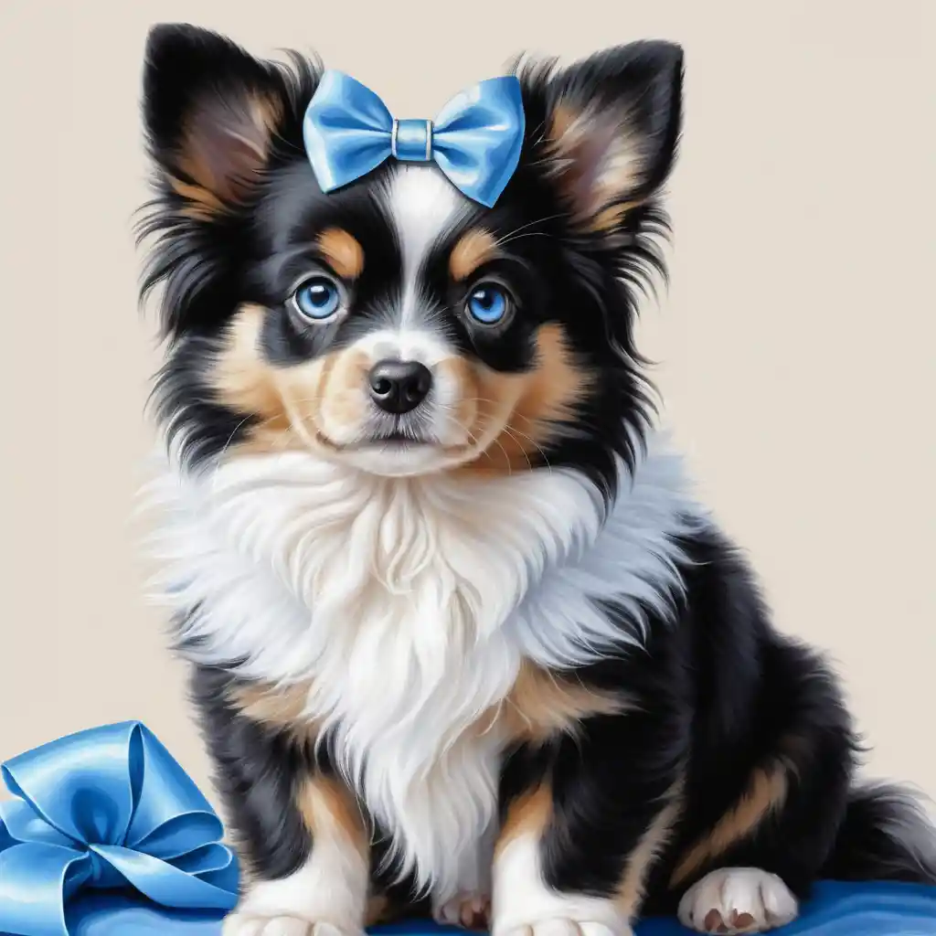 Cute fluffy black and white dog with blue eyes illustration