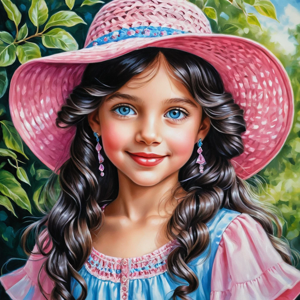 Smiling girl in pink summer dress and hat illustration