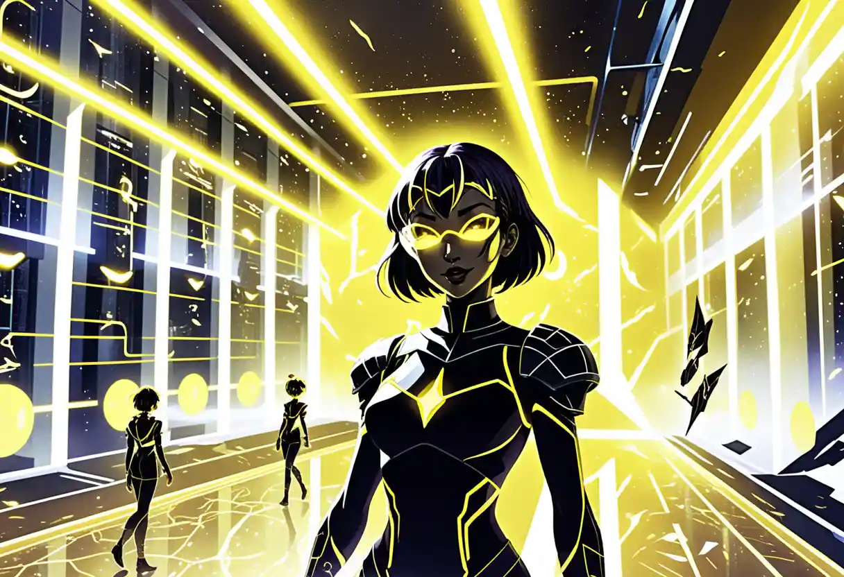 Anime girls in a neon sci fi facility with golden light