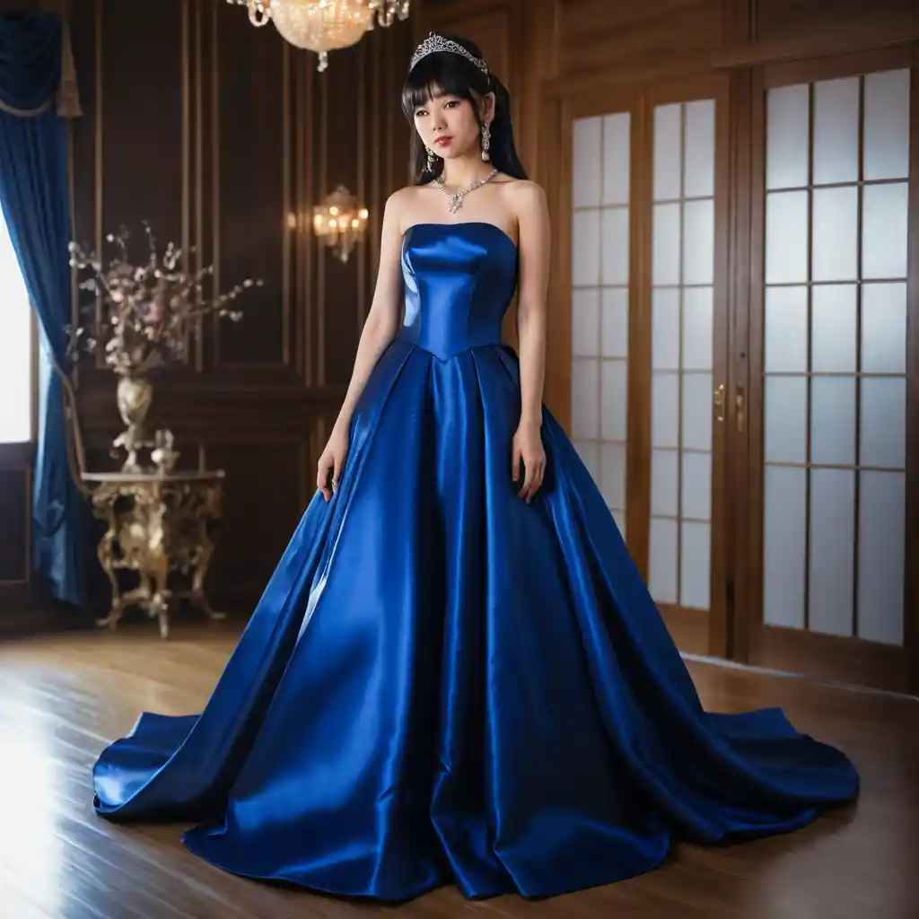 Elegant Japanese woman in royal blue satin ball gown