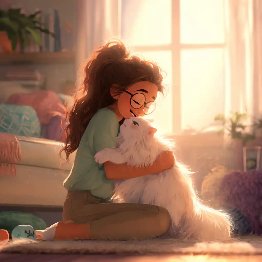 Smiling woman hugging fluffy white cat in cozy room