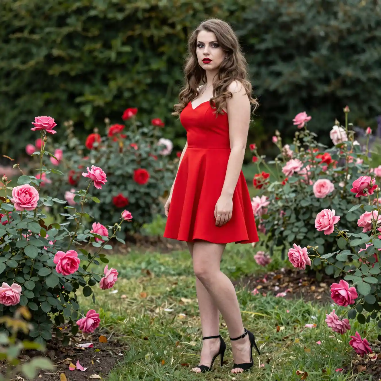 Girl in red dress standing in a rose garden