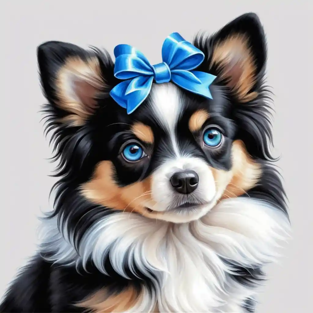 Cute black and white dog with blue eyes and bow