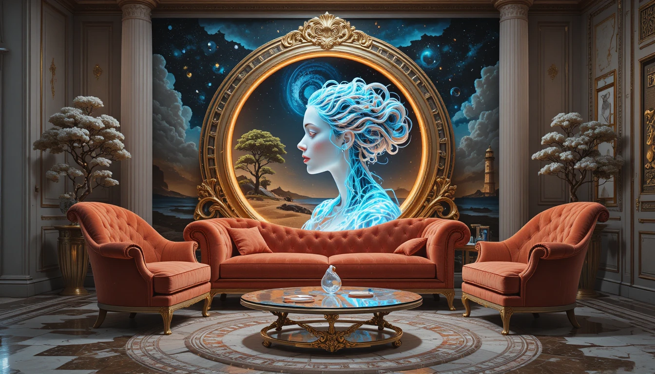 Surreal velvet baroque sofa before cosmic forest painting