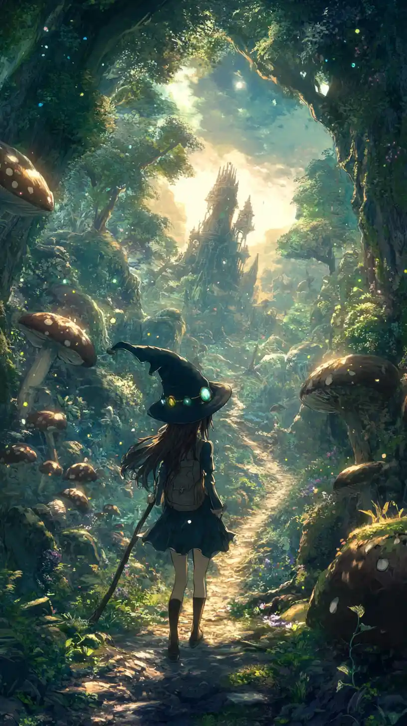 Fantasy forest path leading to a distant ruined castle