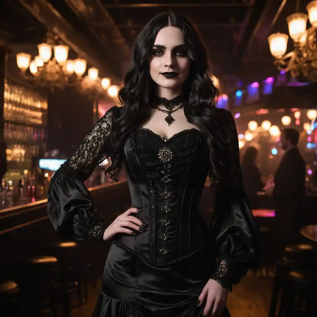 Confident goth woman in black victorian dress at nightclub
