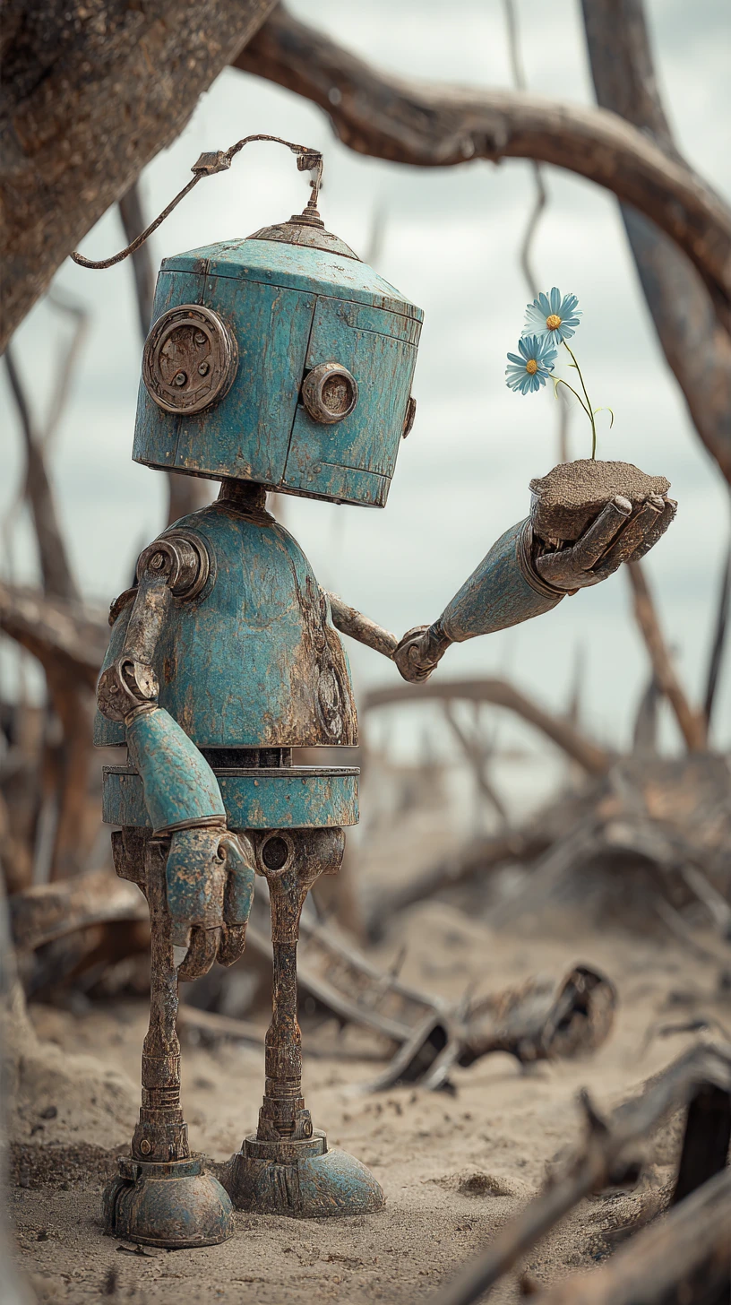 Tiny robot admiring a single blue flower in ruins