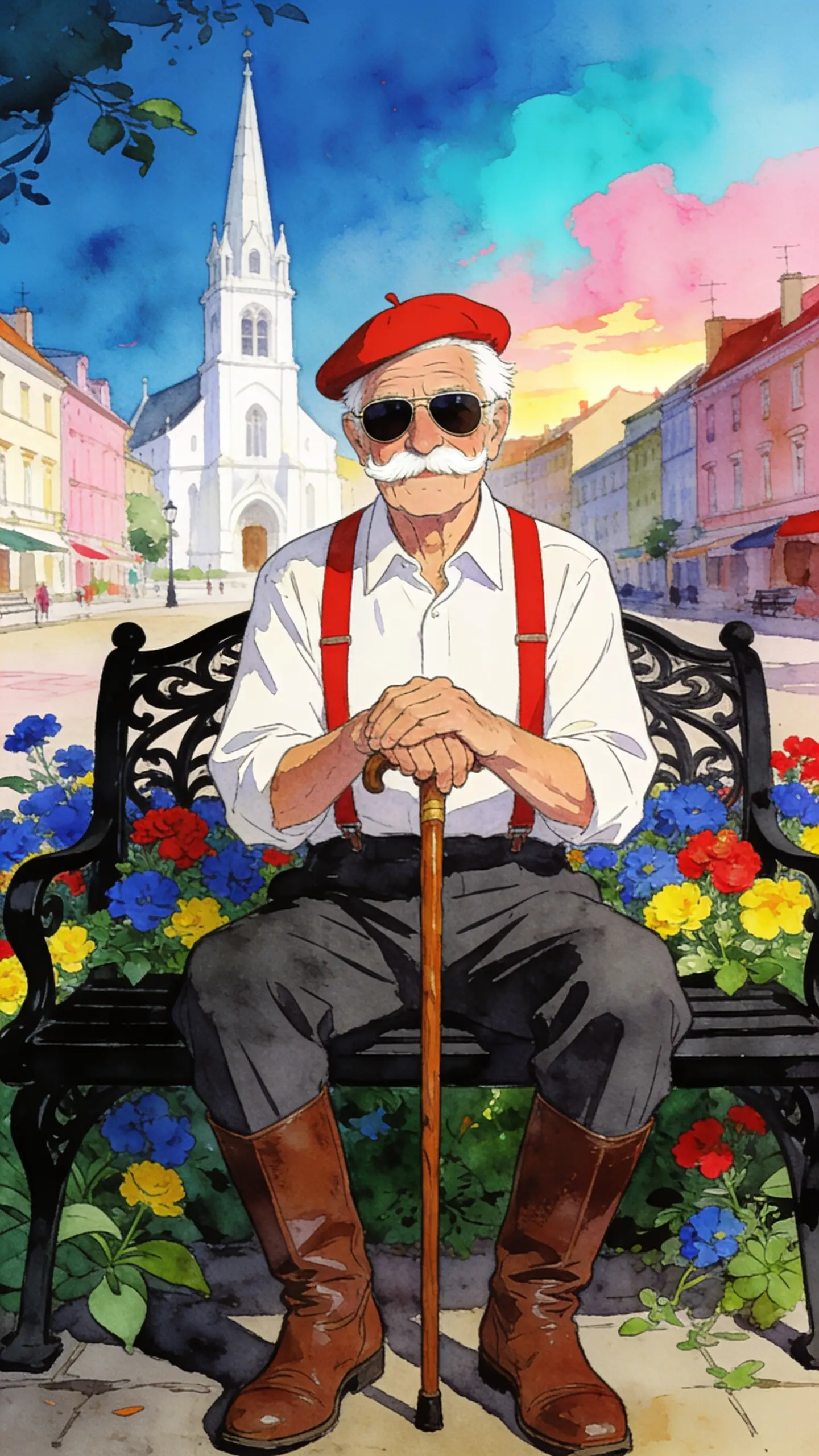Elderly man resting on a park bench in a flowered square