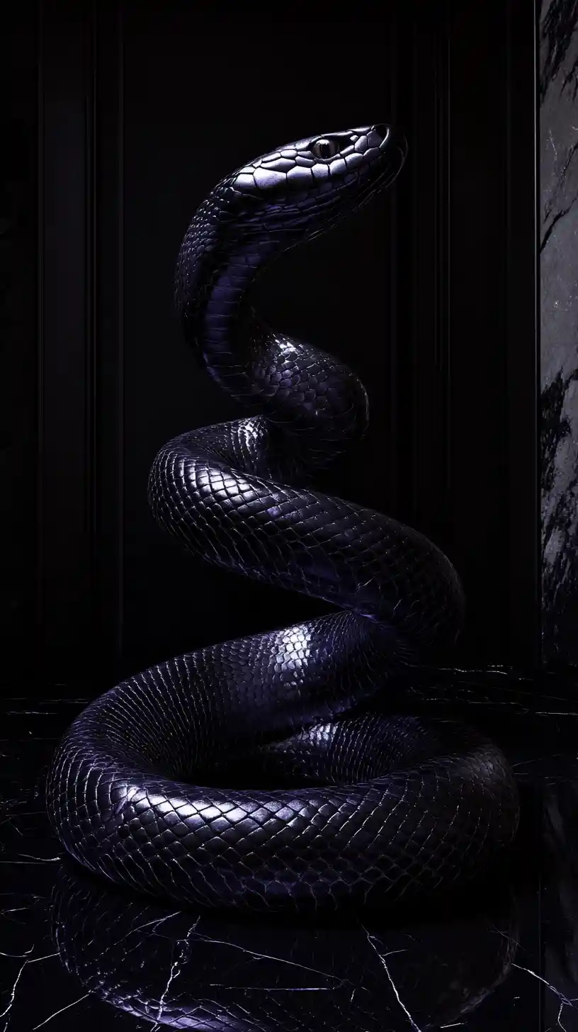Black serpent coiled on reflective floor in gothic interior