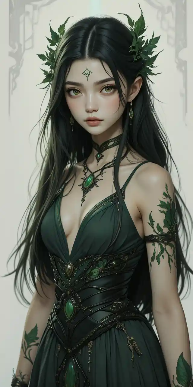Anime boy with dark vegetal aura in fantasy forest