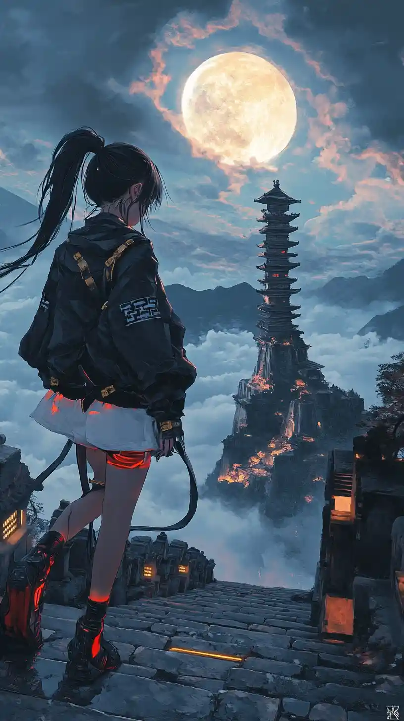 Girl walking up stone stairs under a half moon