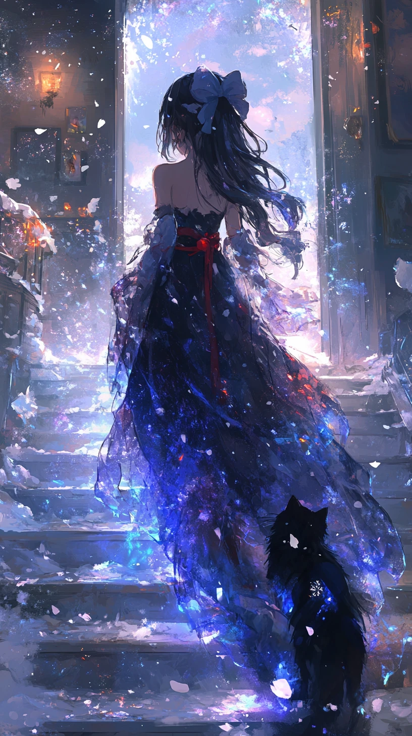 Anime girl in a burned snowflake dress on an old house stairway