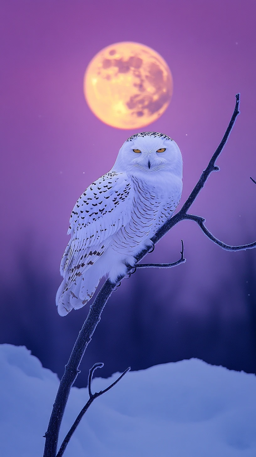 Snowy owl on bare branch under crescent moon in twilight
