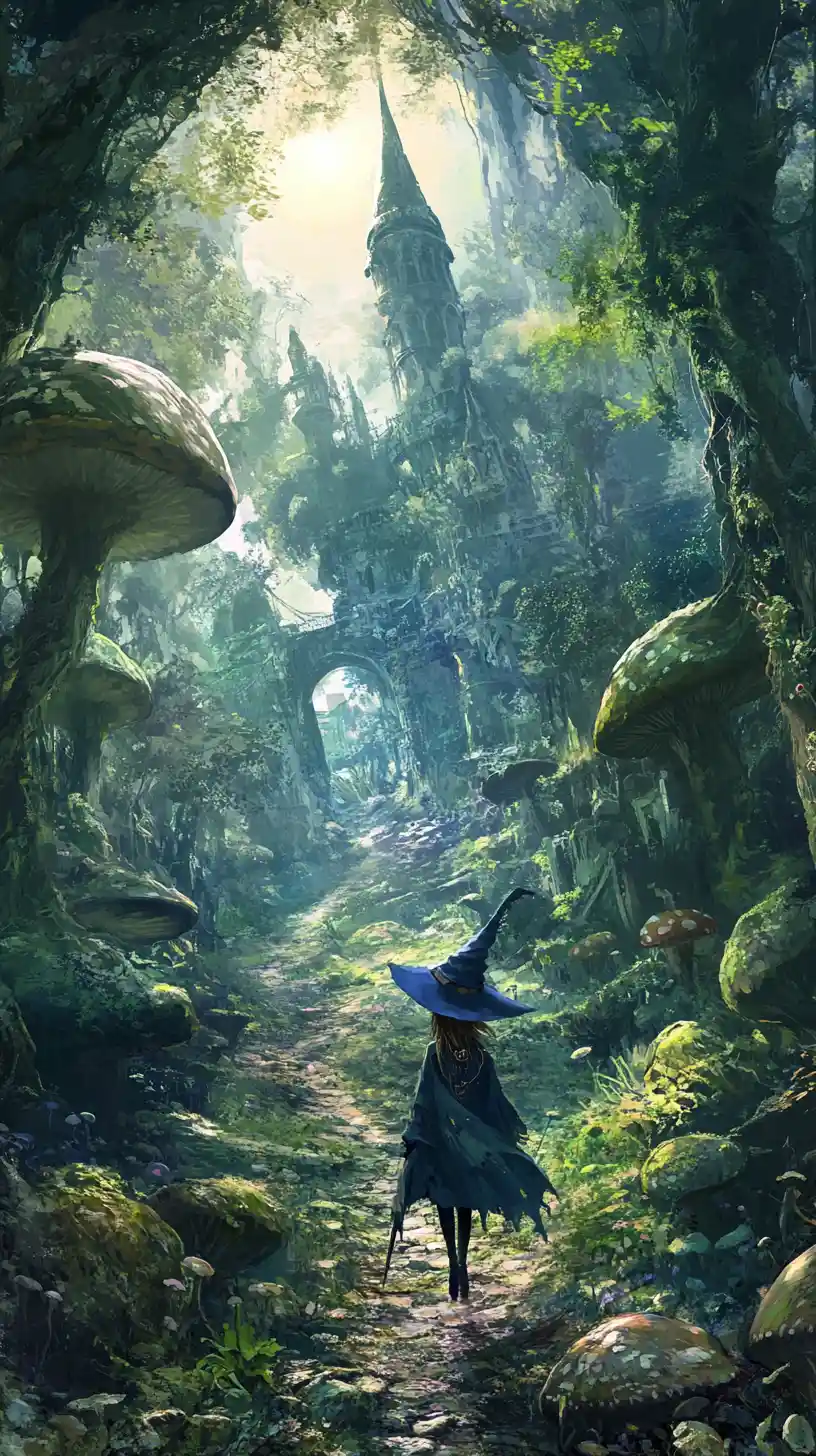 Fantasy forest path leading to a distant ruined castle