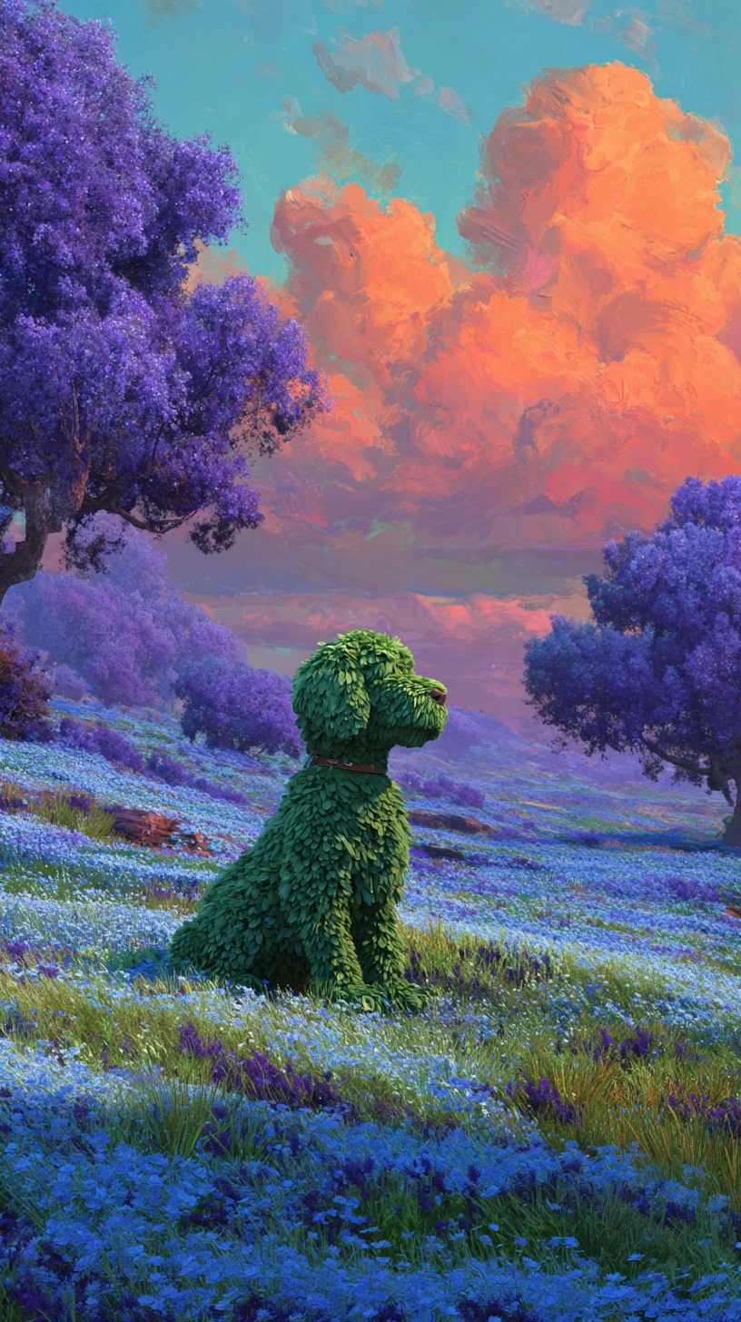 Green fantasy dog in a blue flower field