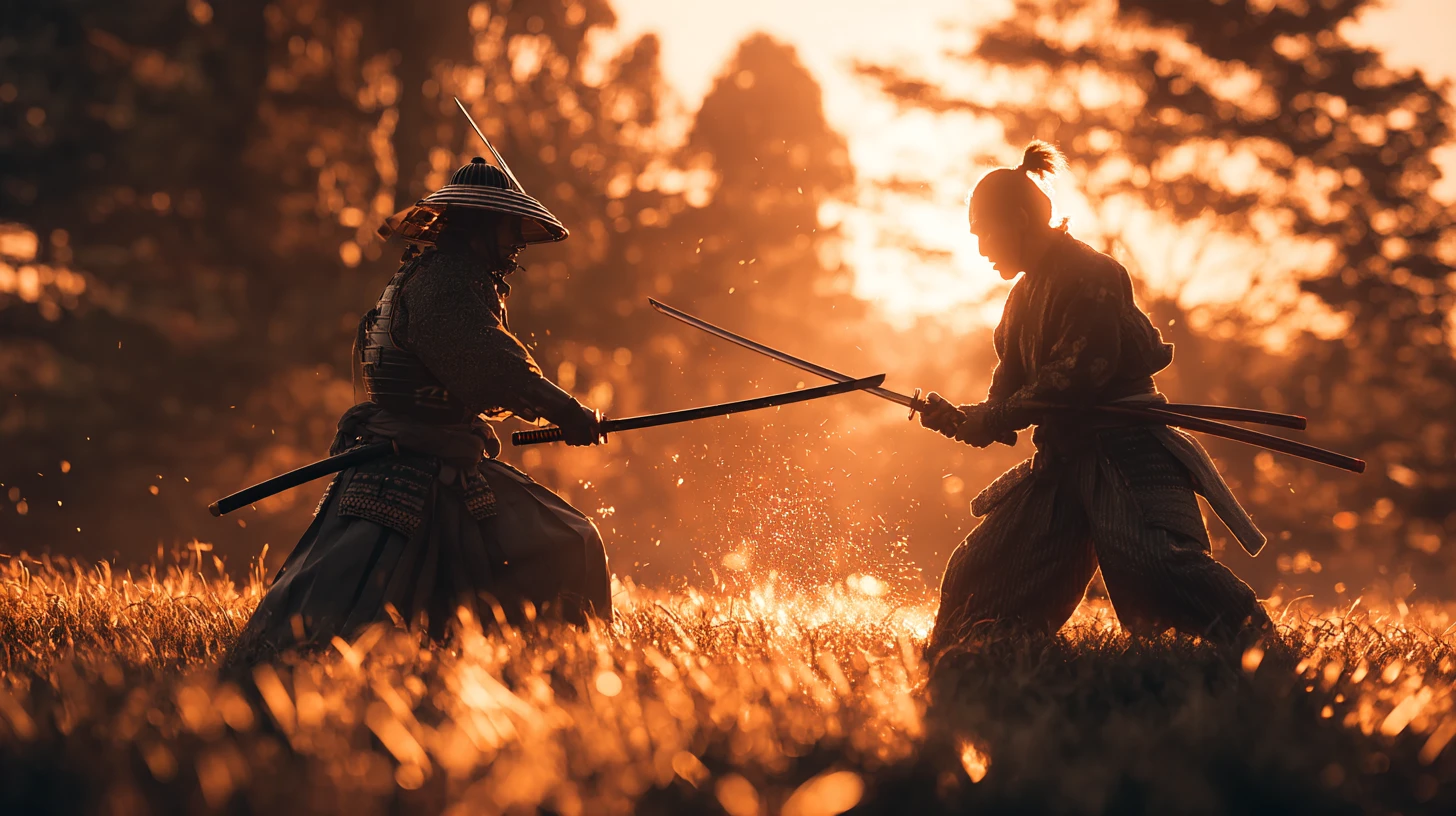 Samurai warriors clash with swords in a sunlit Japanese meadow