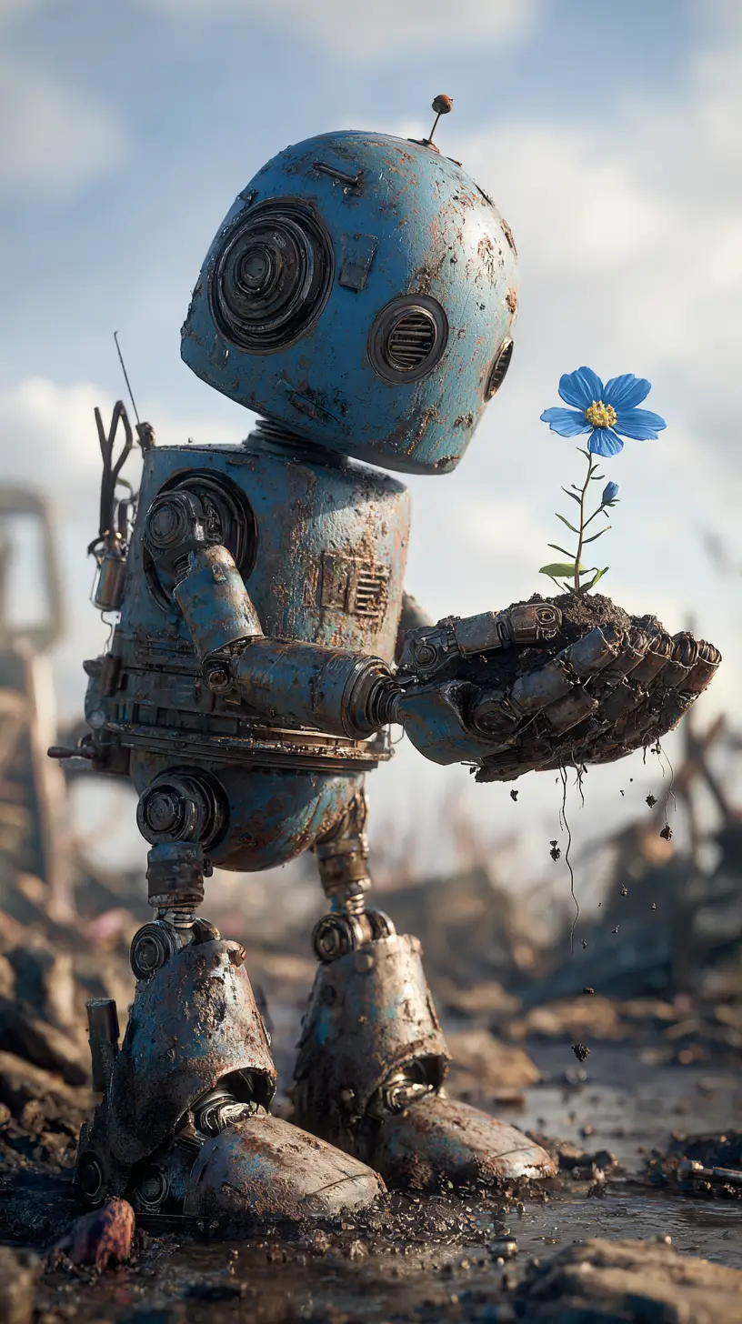 Robot Discovering A Blue Flower In Ruined Wasteland
