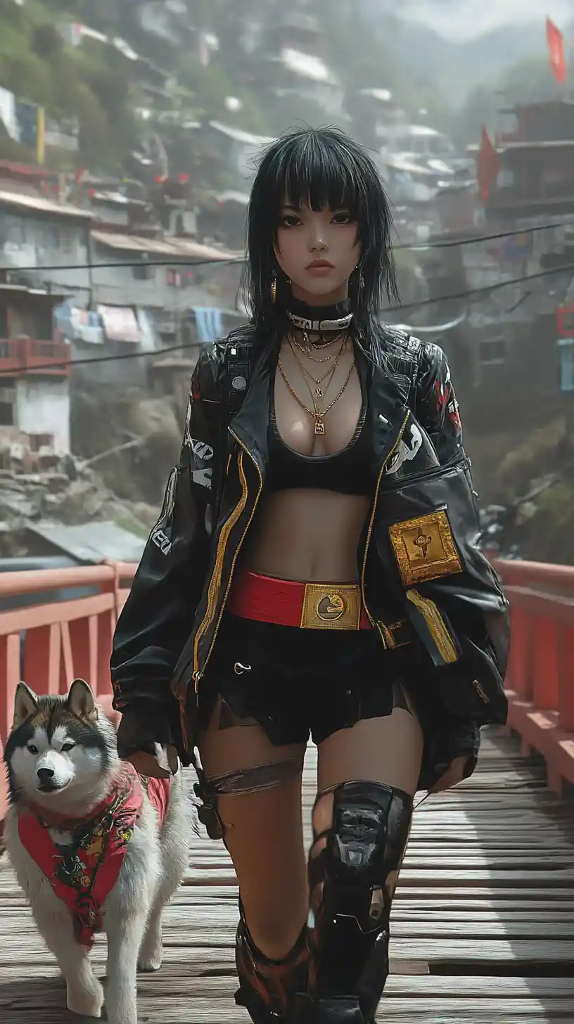 Anime girl in futuristic outfit standing on a wooden bridge