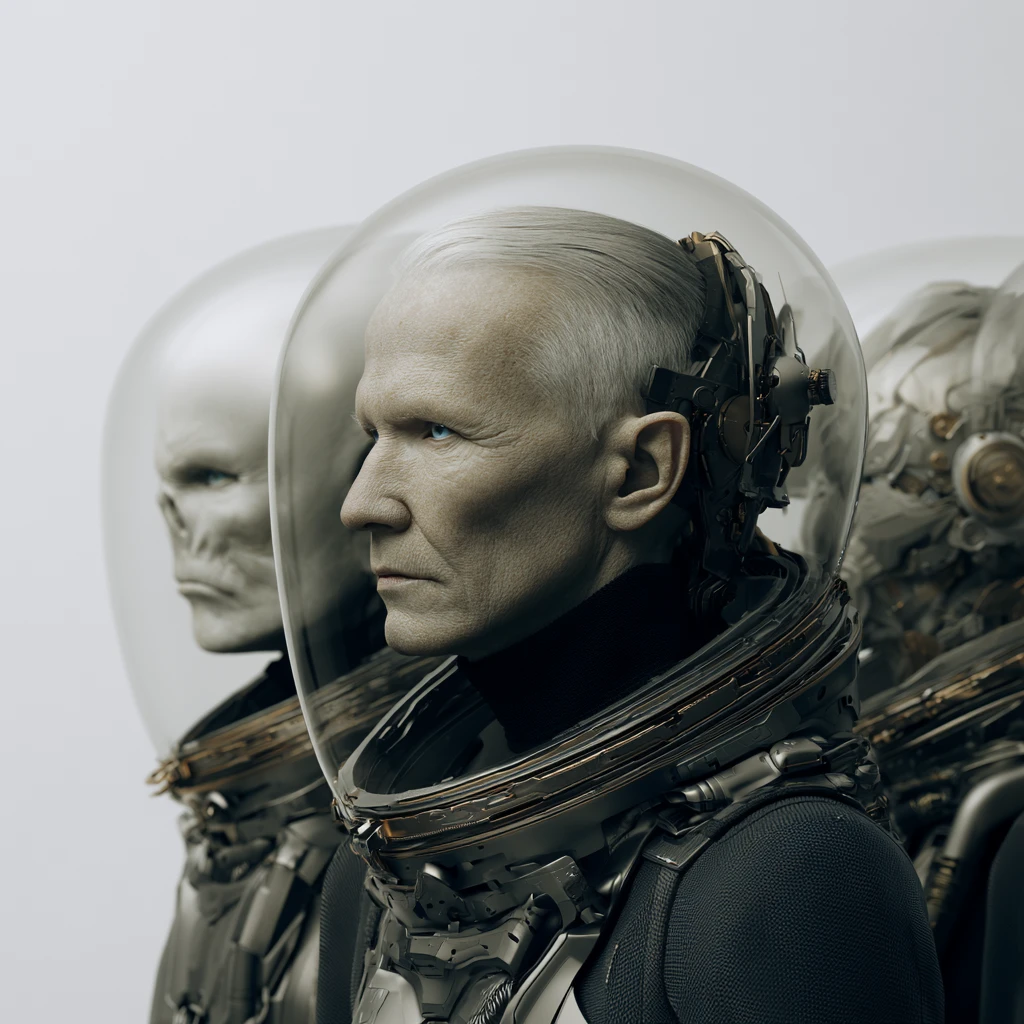 Futuristic old man in cyber suit on spaceship portrait