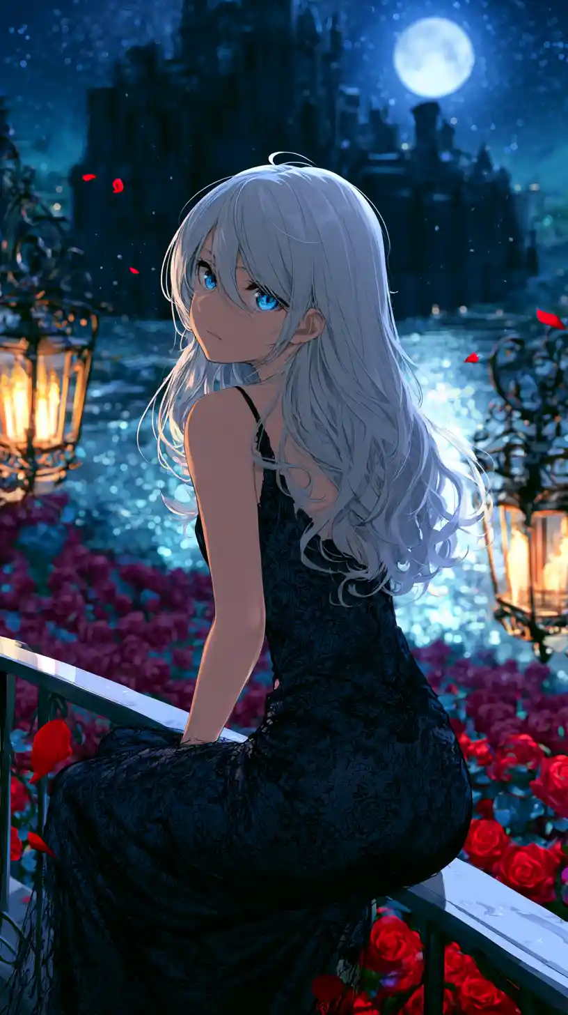 Silver haired anime woman on balcony under moonlit sky