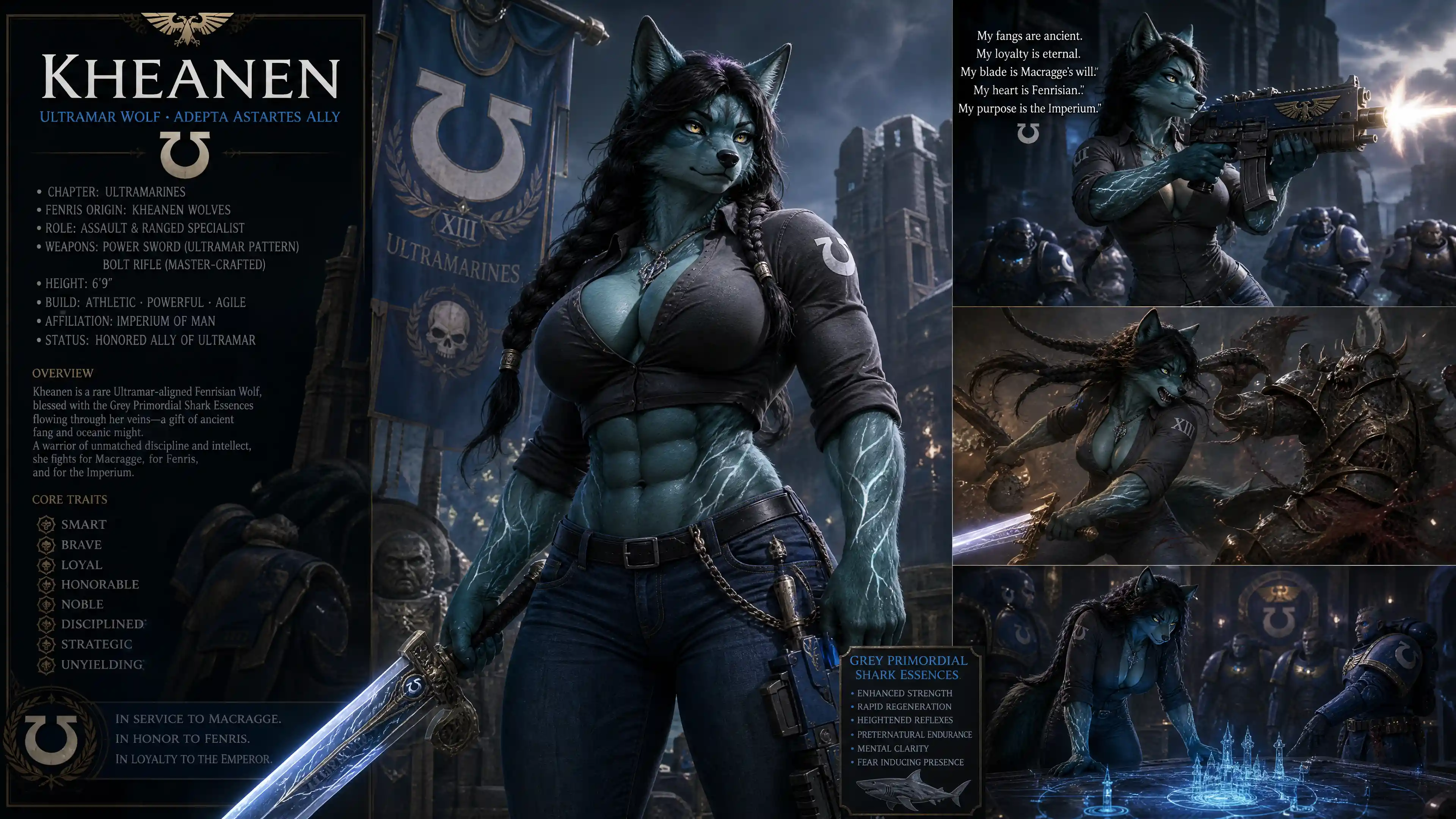 Heroic teal fur wolf warrior woman with power sword
