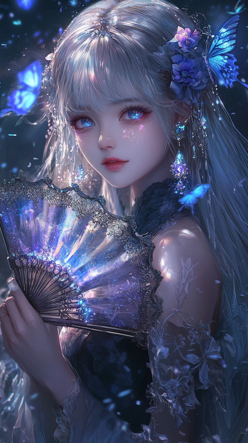 Ethereal anime girl with glowing crystal butterflies