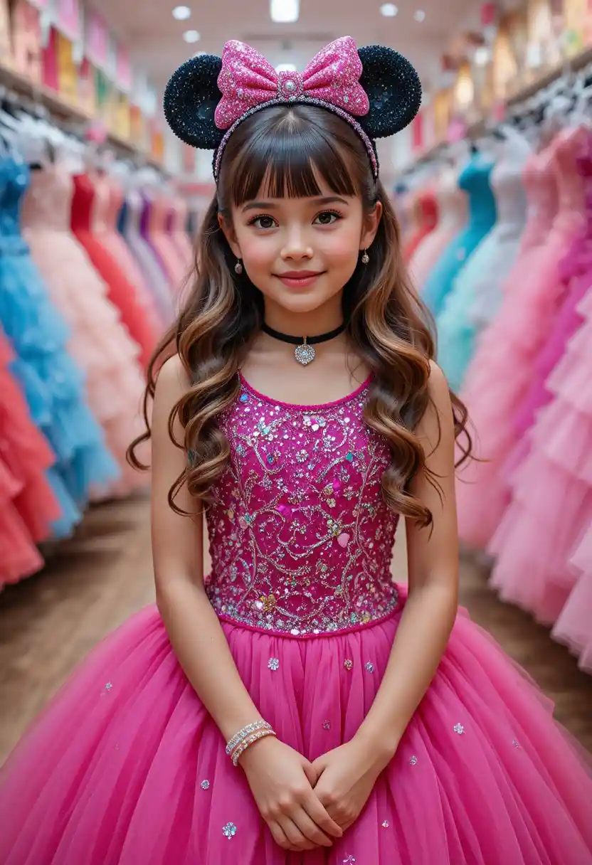 Young girl in pink Minnie dress at boutique shop