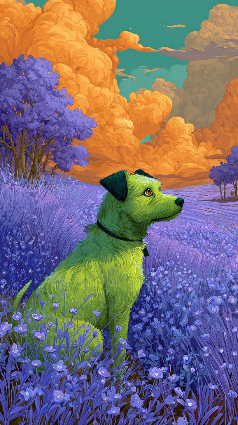 Green dog in a blue flower field under orange clouds