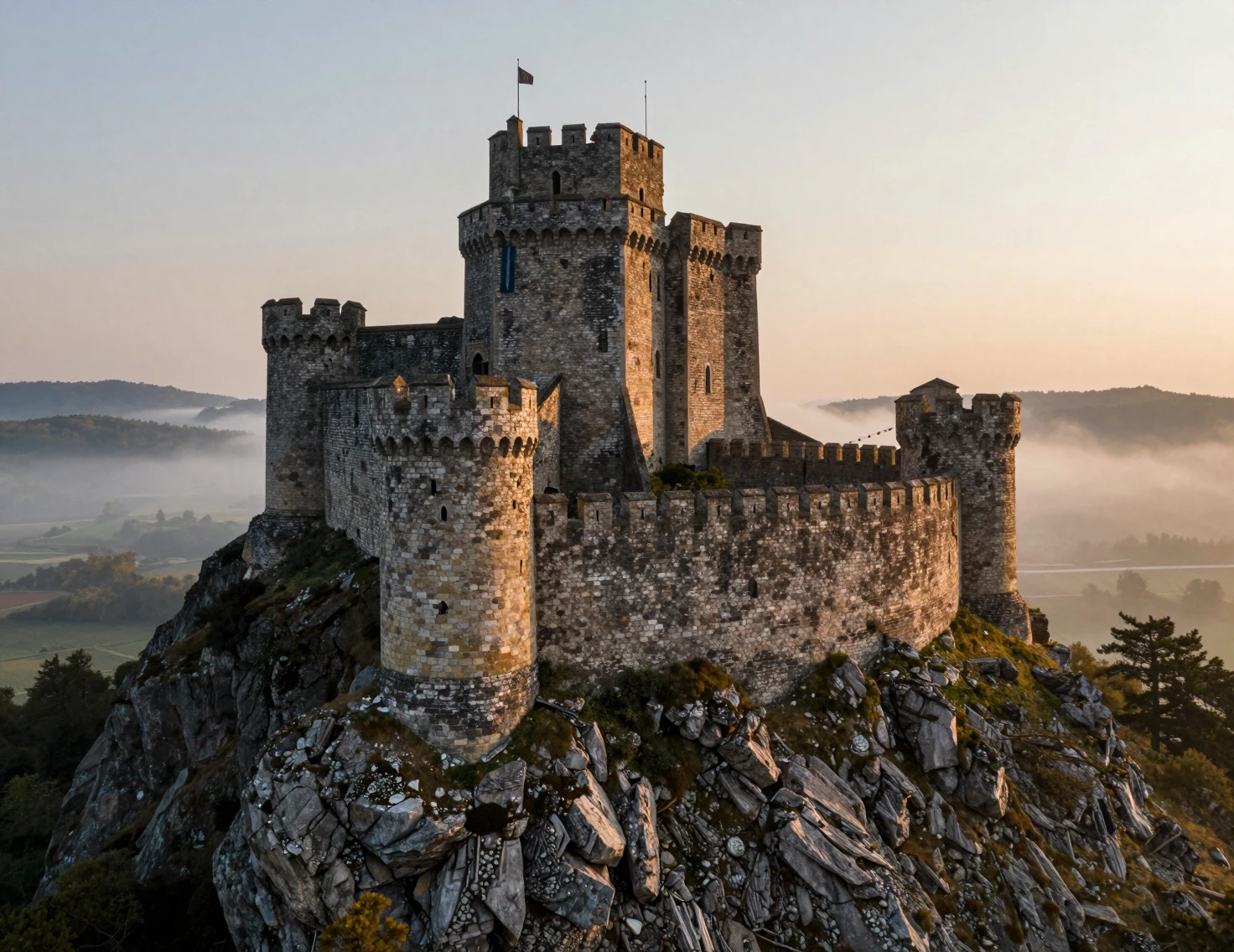 Medieval stone castle on a mountain peak at sunrise