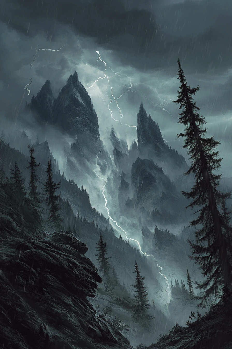 Ominous thunderstorm over misty rugged mountain peaks