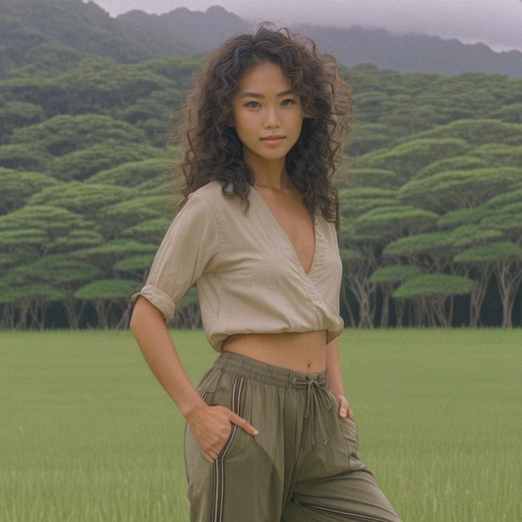 Young Okinawan woman standing in a quiet grassy field