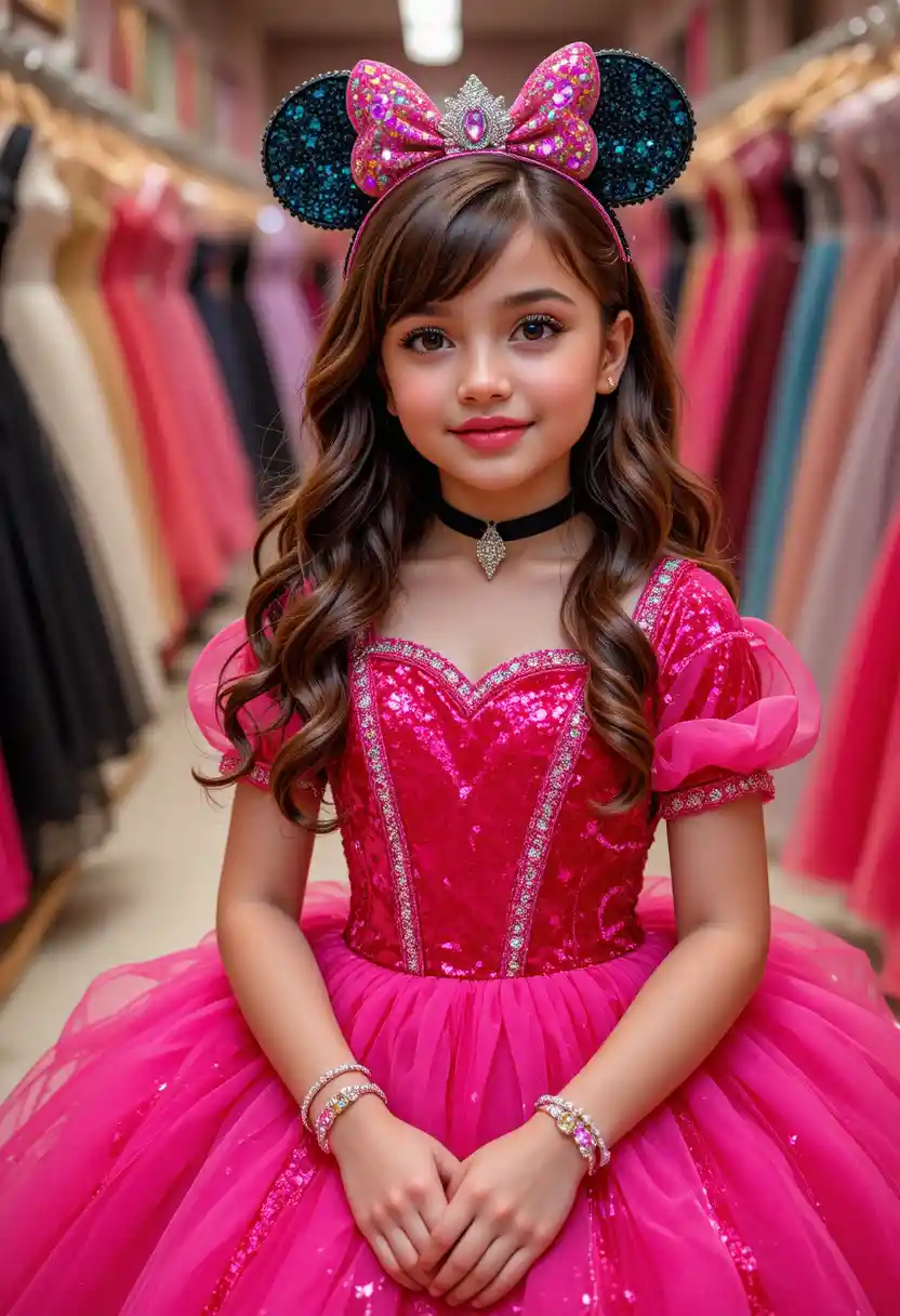 Young girl in pink Minnie dress at boutique