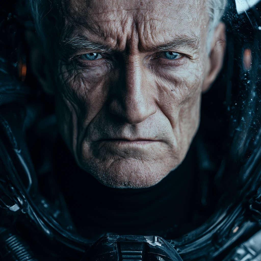 Old man in futuristic cyber suit on spaceship bridge