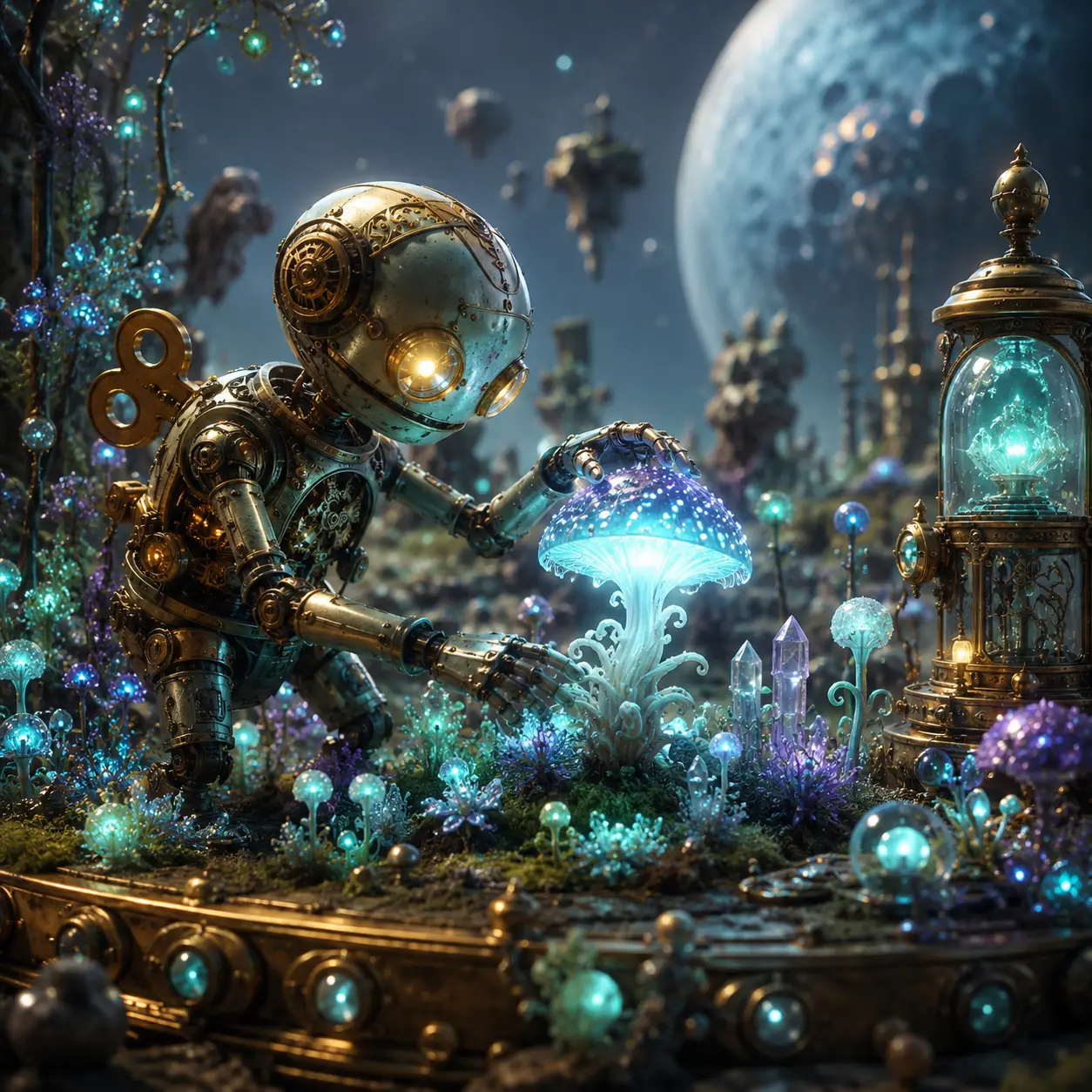 Clockwork automaton tending a glowing alien moon garden