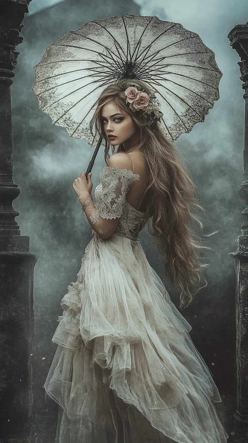 Gothic woman with parasol in misty ruined garden