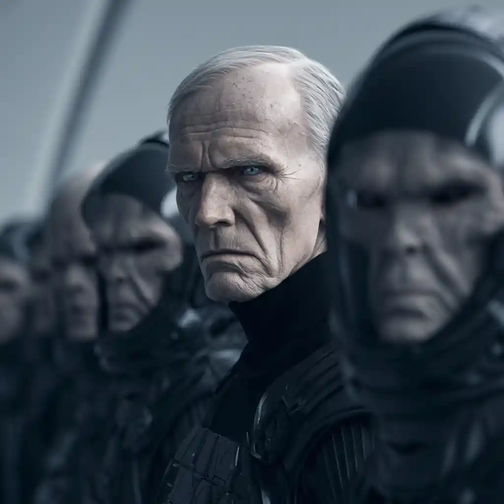 Elderly man in futuristic cyber suit aboard a spaceship