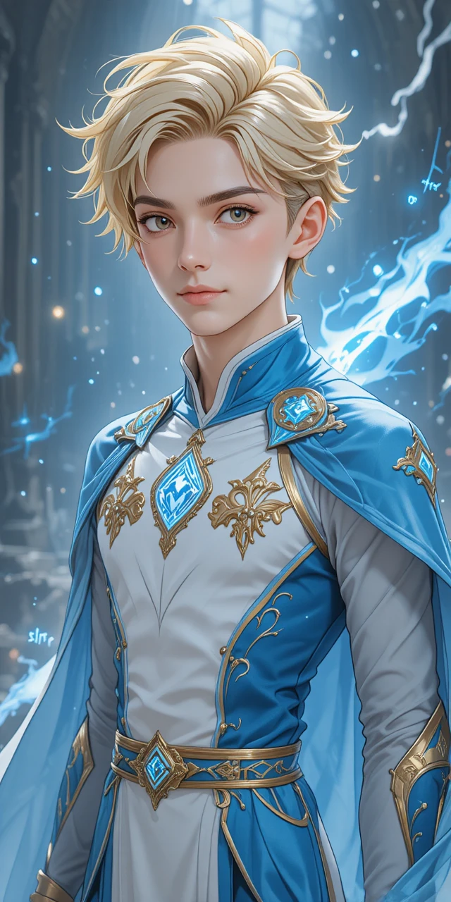 Young anime hero with glowing antlers in blue outfit