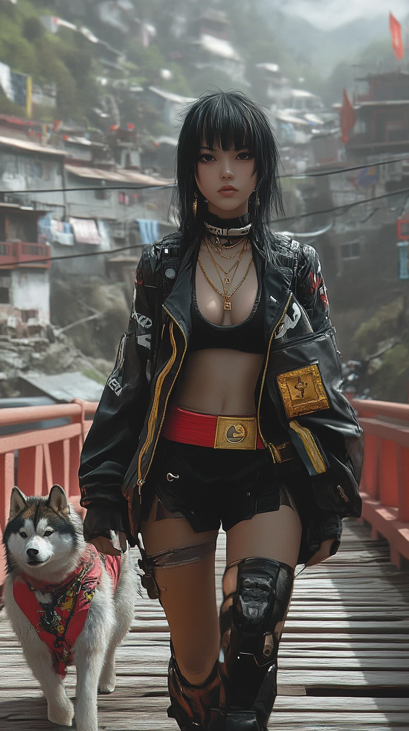 Anime girl in futuristic outfit standing on a wooden bridge