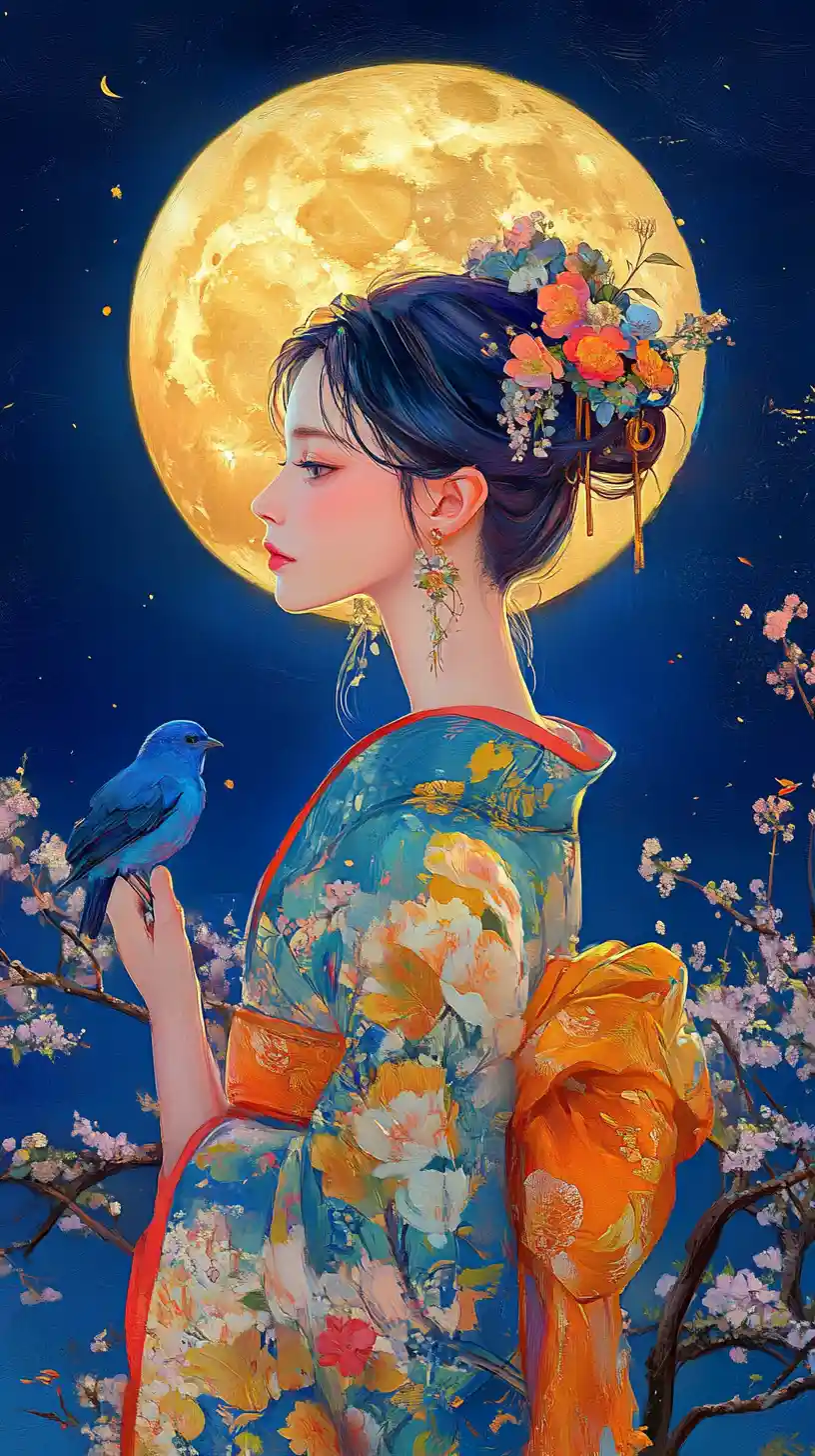 Young woman in floral kimono under a golden moon
