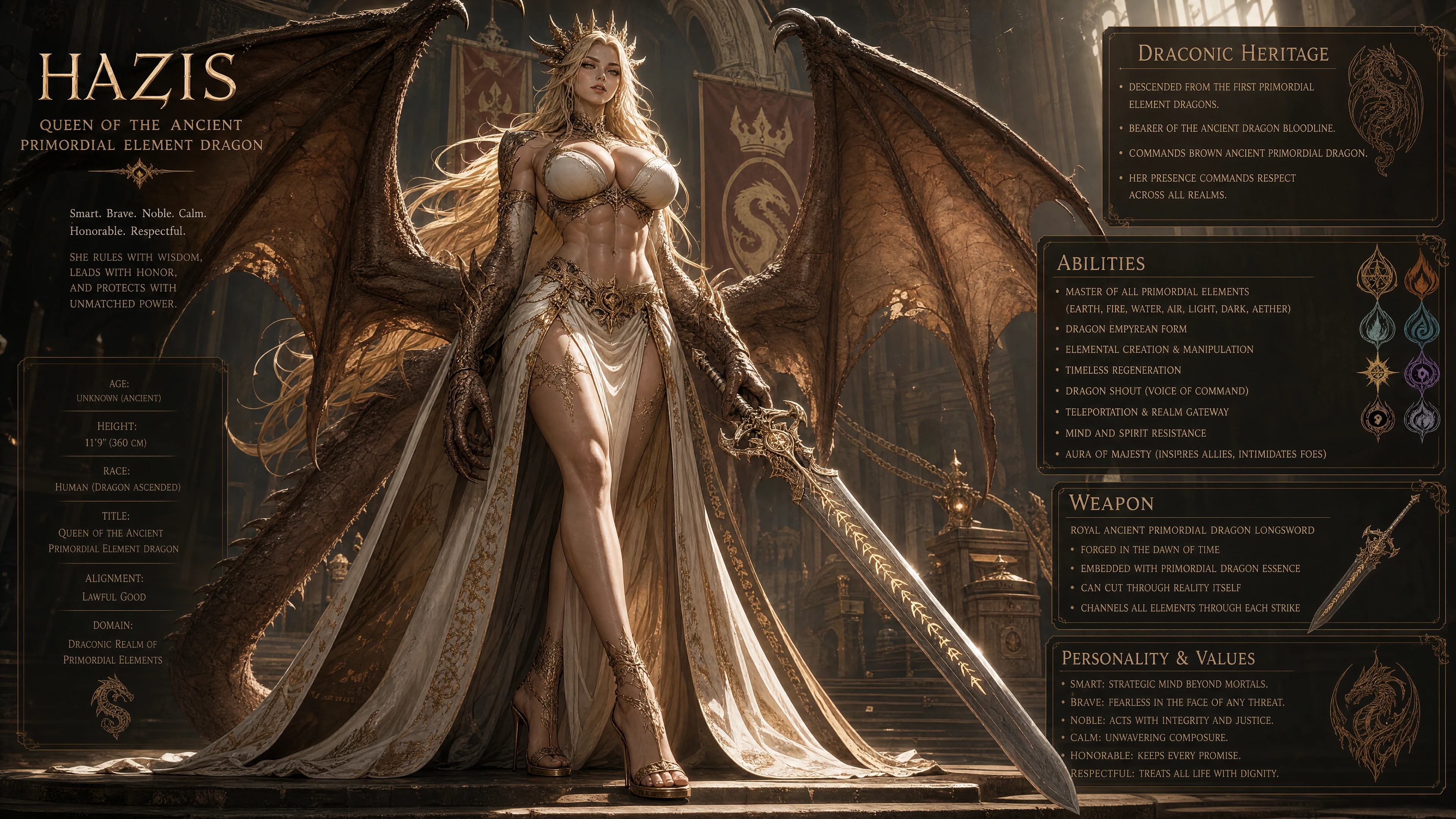 Tall dragon queen warrior woman with ancient wings