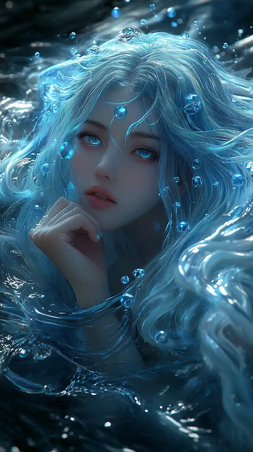 Dreamy woman with flowing blue and white ocean hair