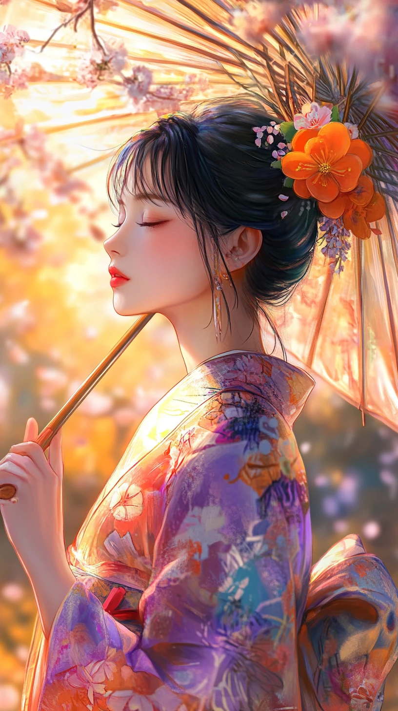Anime woman in kimono under umbrella with cherry blossoms