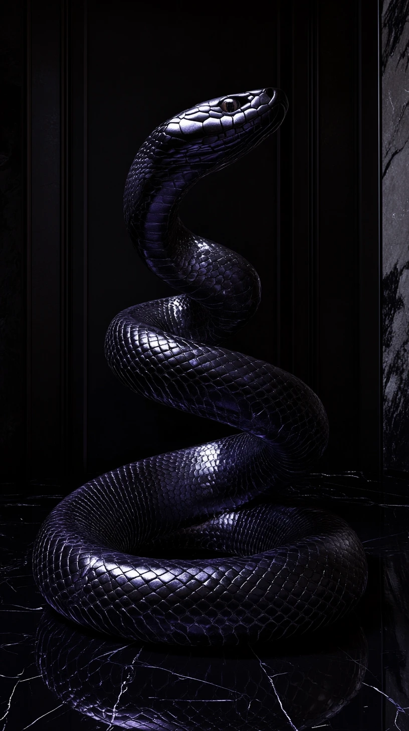 Black serpent coiled on reflective floor in gothic interior
