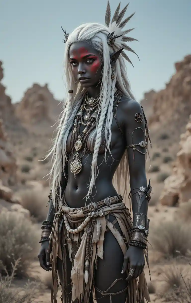 Tribal elf warrior woman in a rugged desert landscape