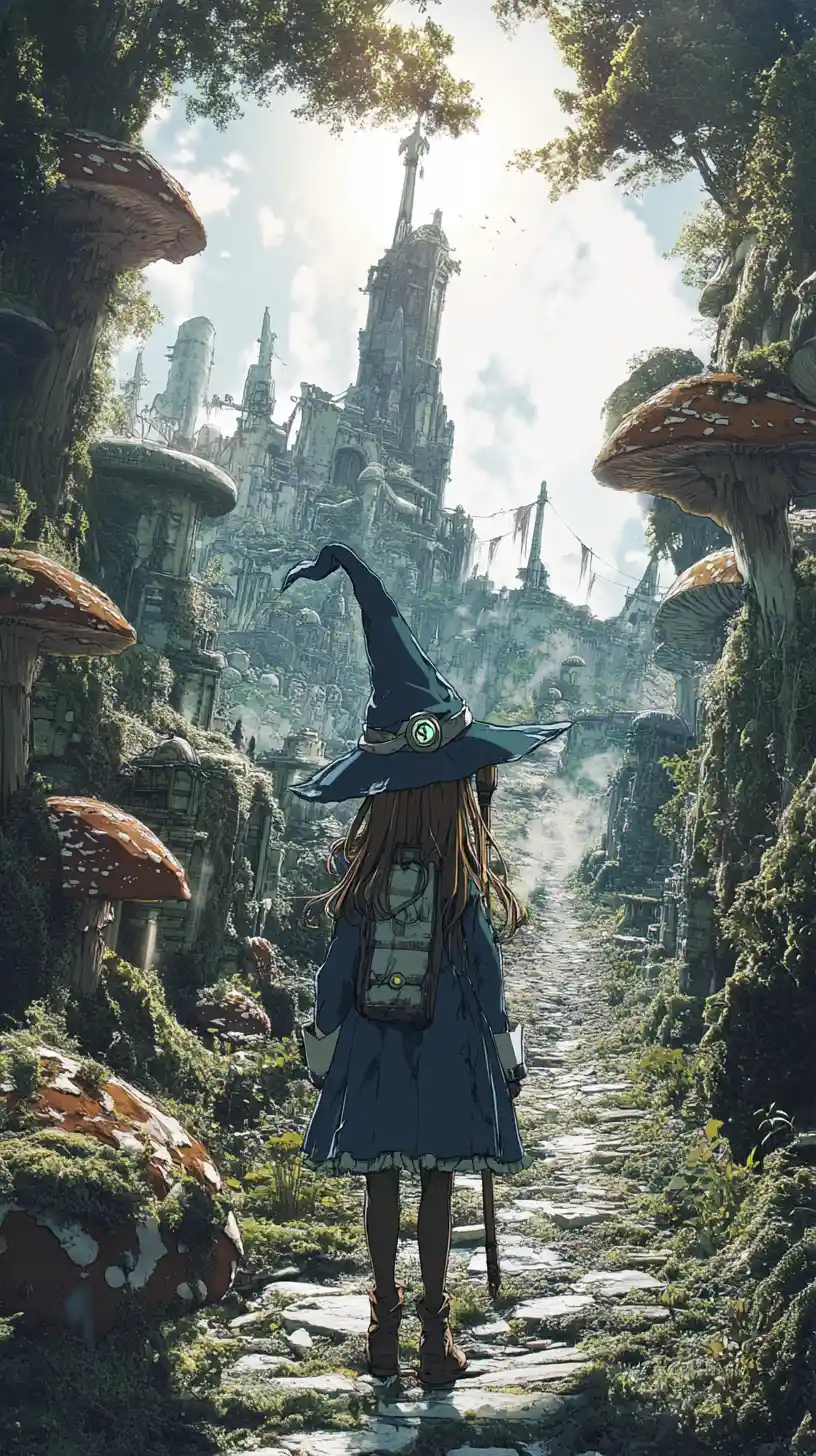 Fantasy forest path leading to a distant ruined castle