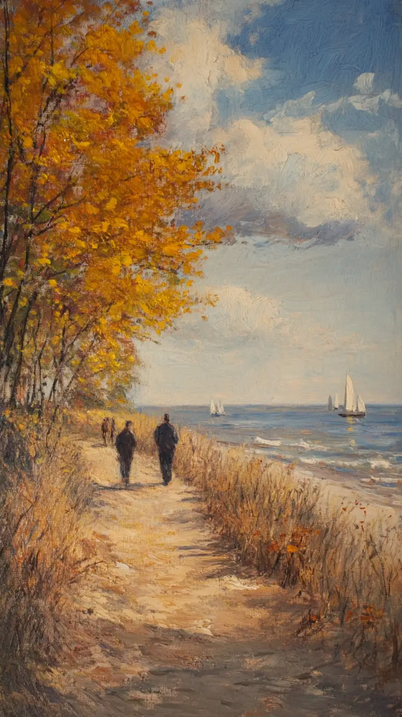 Impressionist coastal path and beach scene at sunset