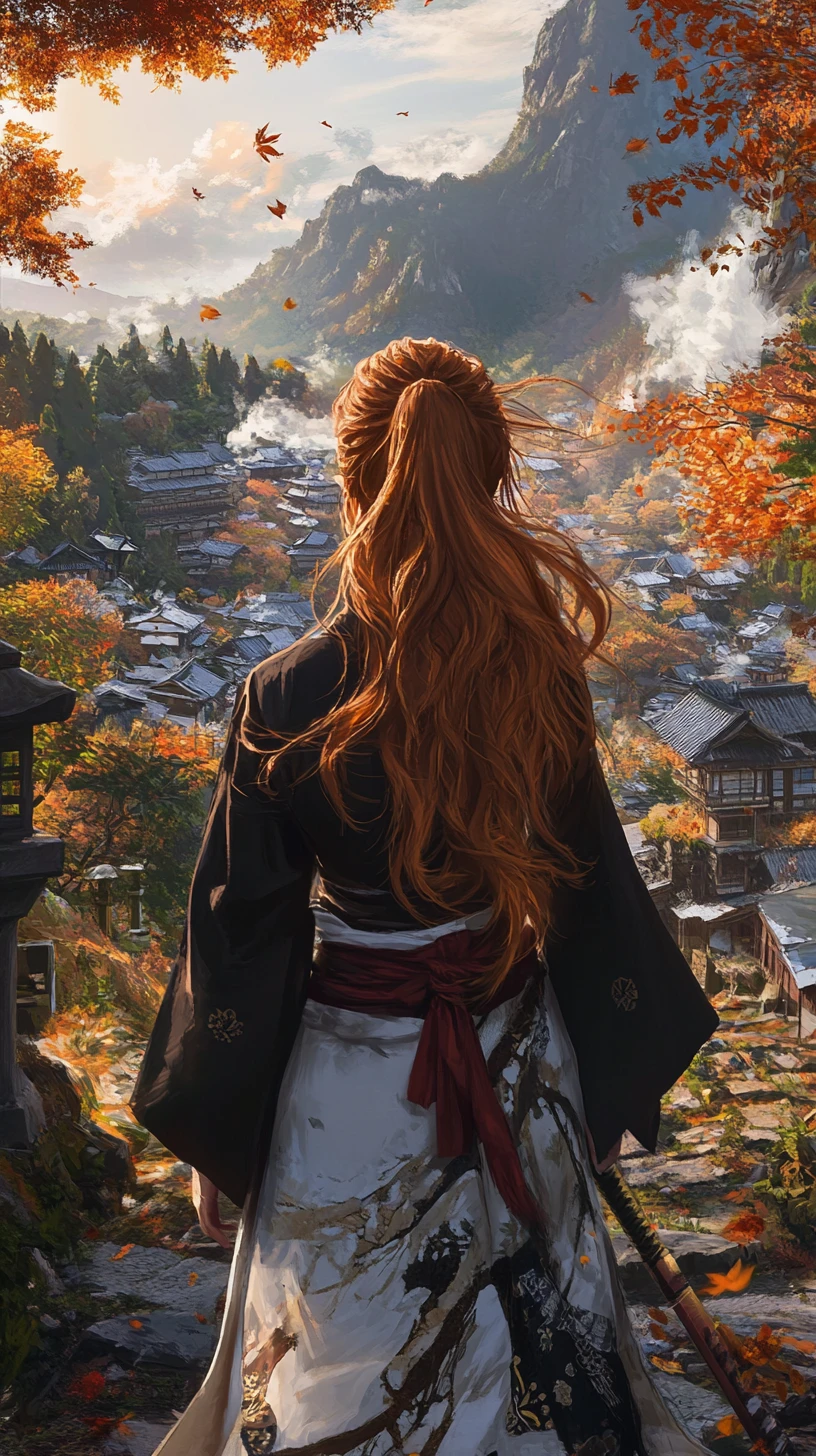 Ginger haired samurai woman on a quiet mountain path