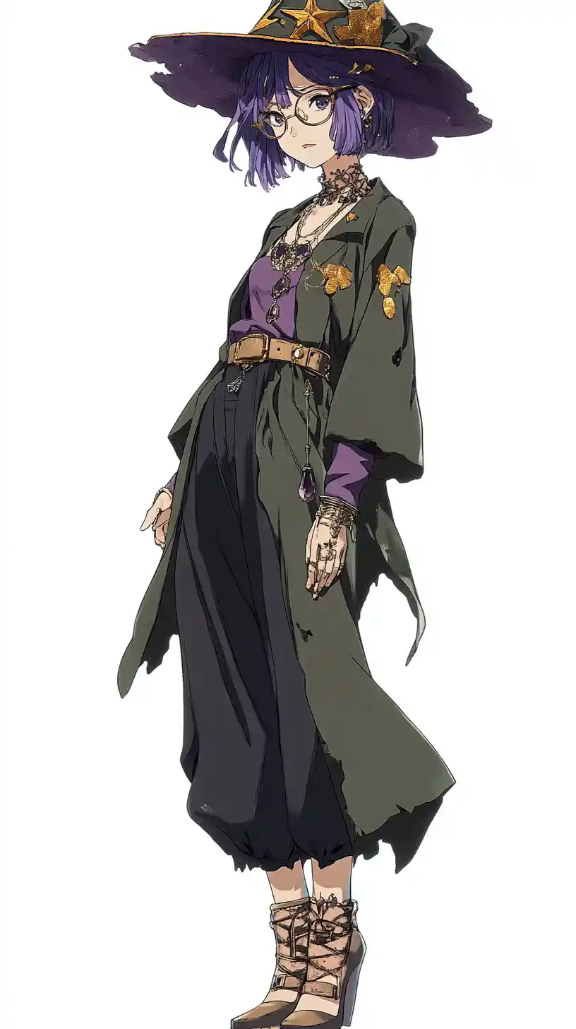 Anime girl with purple hair in elegant outfit among ruins